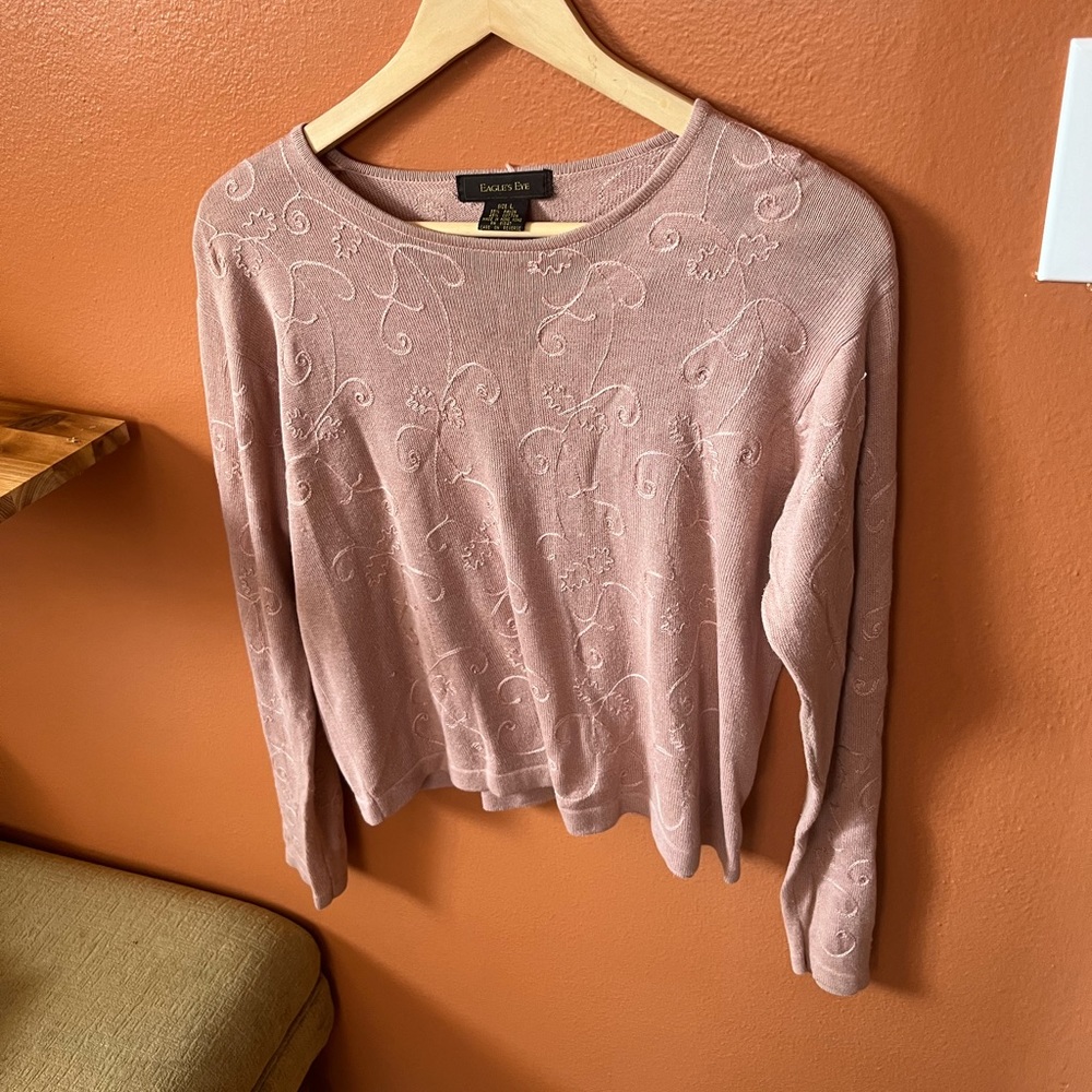 Vintage Eagles Eye Pale Pink Sweater Top Long Sleeve Embroidered, Size Large